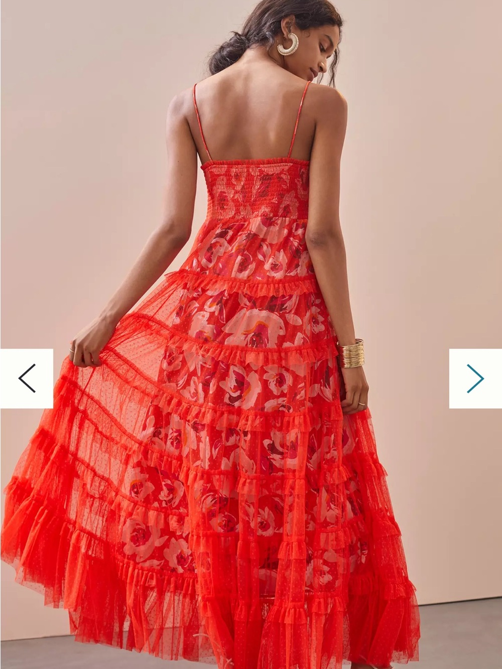 Anthropologie Coral-Red Floral Mesh Tiered Dress